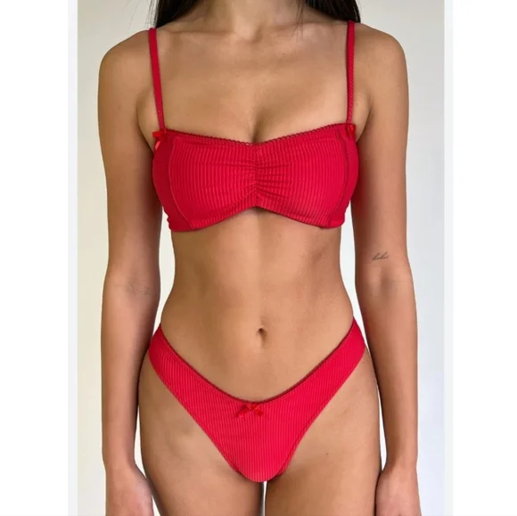 New!Frankie's Bikinis Enzo  Ribbed  Cheeky Bikini‎ Bottom Crimson - Picture 5 of 12